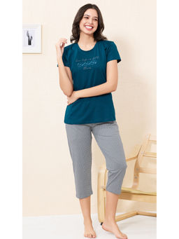 Quira - Women Blue Printed Cotton Night T-shirt & Capri