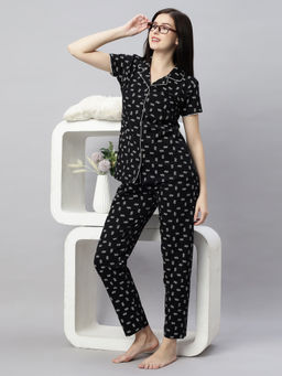 Quira - Women Black Cotton Printed Cotton Shirt & Pyjama
