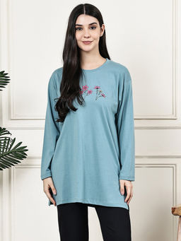 Kanvin - Women Blue Long T-Shirt with Slit