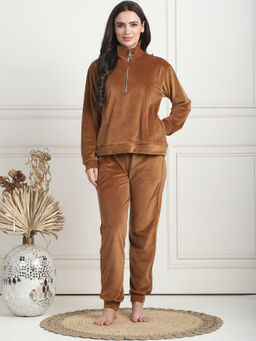 TAG 7 - Camel Brown Velvet Zip Regular Sweatshirt & Pyjama