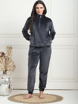 TAG 7 - Dark Grey Velvet Zip Regular Sweatshirt & Pyjama