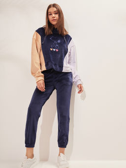 Sweet Dreams - Women Navy Blue Luxe Velour Spandex Hoodie & Pyjama