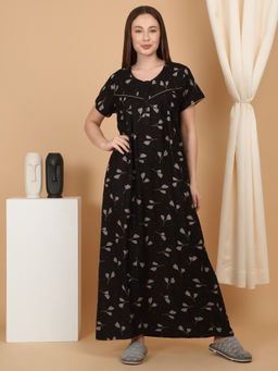 Sweet Dreams - Women Black Printed Full Length Night Dress