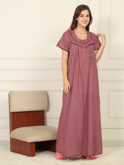 Sweet Dreams - Women Pink Floral Printed Full Length Night Dress