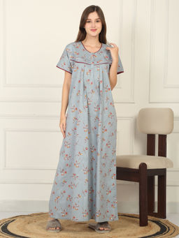 Sweet Dreams - Women Grey Floral Printed Full Length Night Dress