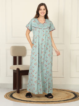 Sweet Dreams - Women Blue Floral Printed Full Length Night Dress