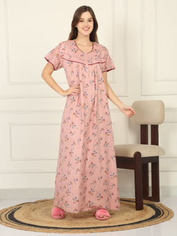 Sweet Dreams - Women Peach Floral Printed Full Length Night Dress
