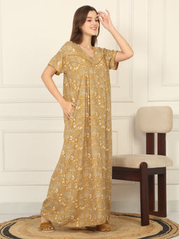 Sweet Dreams - Women Mustard Printed Full Length Night Dress