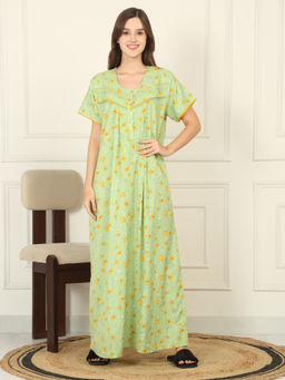 Sweet Dreams - Women Green Floral Printed Full Length Night Dress