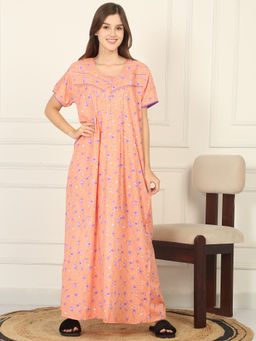 Sweet Dreams - Women Peach Floral Printed Full Length Night Dress