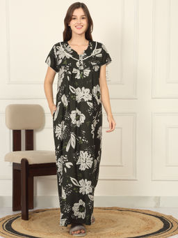 Sweet Dreams - Women Green Floral Printed Full Length Night Dress