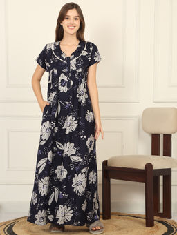 Sweet Dreams - Women Navy Blue Floral Printed Full Length Night Dress