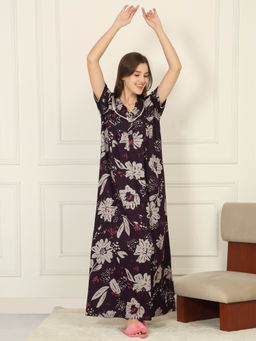 Sweet Dreams - Women Wine Floral Printed Full Length Night Dress
