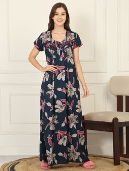 Sweet Dreams - Women Blue Floral Printed Full Length Night Dress