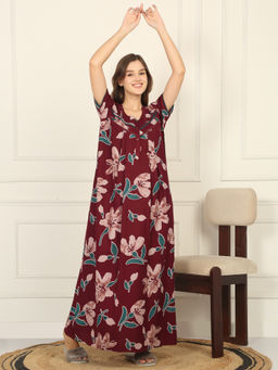 Sweet Dreams - Women Maroon Floral Printed Full Length Night Dress