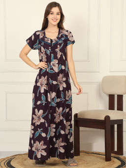 Sweet Dreams - Women Wine Floral Printed Full Length Night Dress