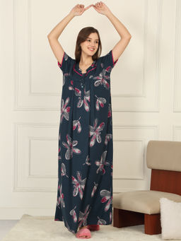 Sweet Dreams - Women Green Floral Printed Full Length Night Dress