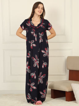 Sweet Dreams - Women Navy Blue Floral Printed Full Length Night Dress