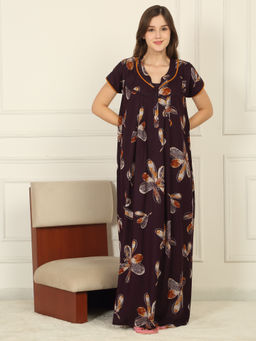 Sweet Dreams - Women Wine Floral Printed Full Length Night Dress