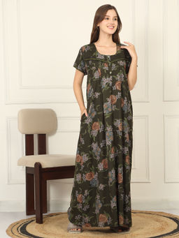 Sweet Dreams - Women Green Floral Printed Full Length Night Dress