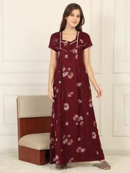 Sweet Dreams - Women Maroon Floral Printed Full Length Night Dress