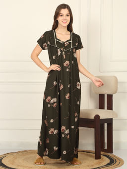 Sweet Dreams - Women Green Floral Printed Full Length Night Dress