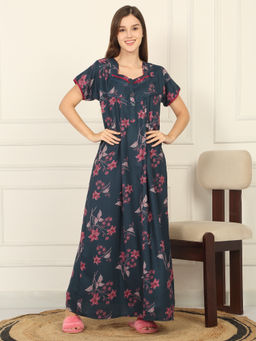Sweet Dreams - Women Navy Blue Floral Printed Full Length Night Dress