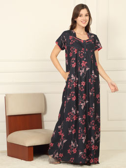Sweet Dreams - Women Black Floral Printed Full Length Night Dress
