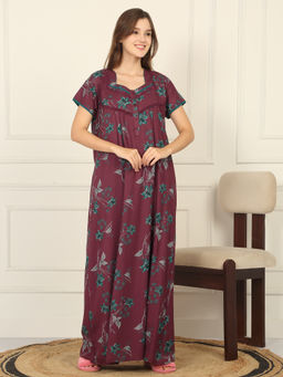 Sweet Dreams - Women Maroon Floral Printed Full Length Night Dress