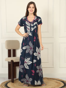 Sweet Dreams - Women Navy Blue Floral Printed Full Length Night Dress