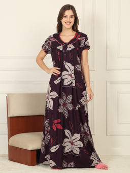 Sweet Dreams - Women Wine Floral Printed Full Length Night Dress