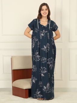 Sweet Dreams - Women Teal Floral Printed Full Length Night Dress