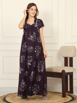 Sweet Dreams - Women Wine Floral Printed Full Length Night Dress
