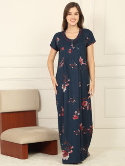 Sweet Dreams - Women Teal Floral Printed Full Length Night Dress