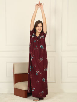 Sweet Dreams - Women Maroon Floral Printed Full Length Night Dress