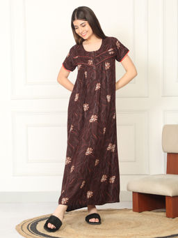 Sweet Dreams - Women Brown Floral Printed Full Length Night Dress