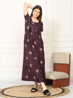 Sweet Dreams - Women Purple Floral Printed Full Length Night Dress