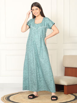 Sweet Dreams - Women Green Printed Full Length Night Dress