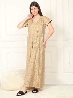 Sweet Dreams - Women Beige Printed Full Length Night Dress
