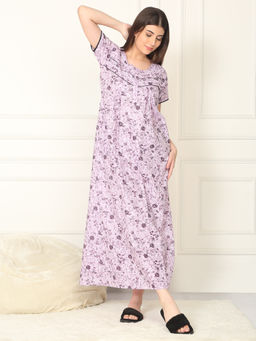 Sweet Dreams - Women Purple Floral Printed Full Length Night Dress