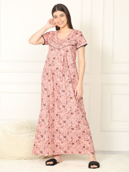 Sweet Dreams - Women Peach Floral Printed Full Length Night Dress