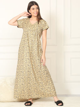 Sweet Dreams - Women Beige Printed Full Length Night Dress