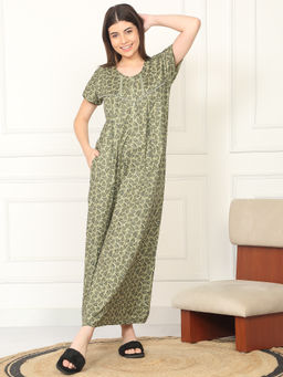 Sweet Dreams - Women Green Printed Full Length Night Dress