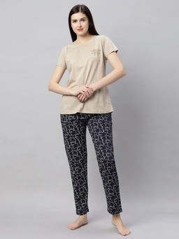 Quira - Women Beige Printed Regular Fit T-shirt & Pyjama