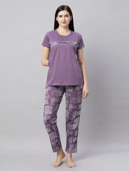Quira - Women Purple Printed Regular Fit T-shirt & Pyjama