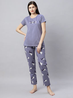 Quira - Women Purple Cotton Printed Cotton T-shirt & Pyjama