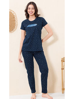 Quira - Women Navy Blue Printed Regular Fit T-shirt & Pyjama