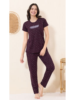 Quira - Women Wine Printed Regular Fit T-shirt & Pyjama