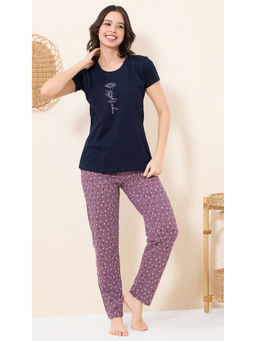 Quira - Women Navy Blue Printed Regular Fit T-shirt & Pyjama