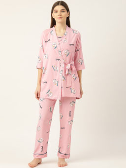 Sweet Dreams - Women Printed Rayon Pink Shirt with Inner & Pyjama